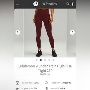 Lululemon Wunder Train High-Rise Tights 25” in Red Merlot Women’s Size 18